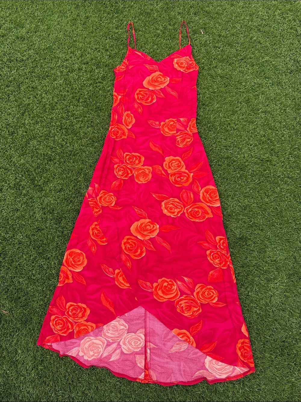 Floral Slip Dress with Orange Rose Print - Pink